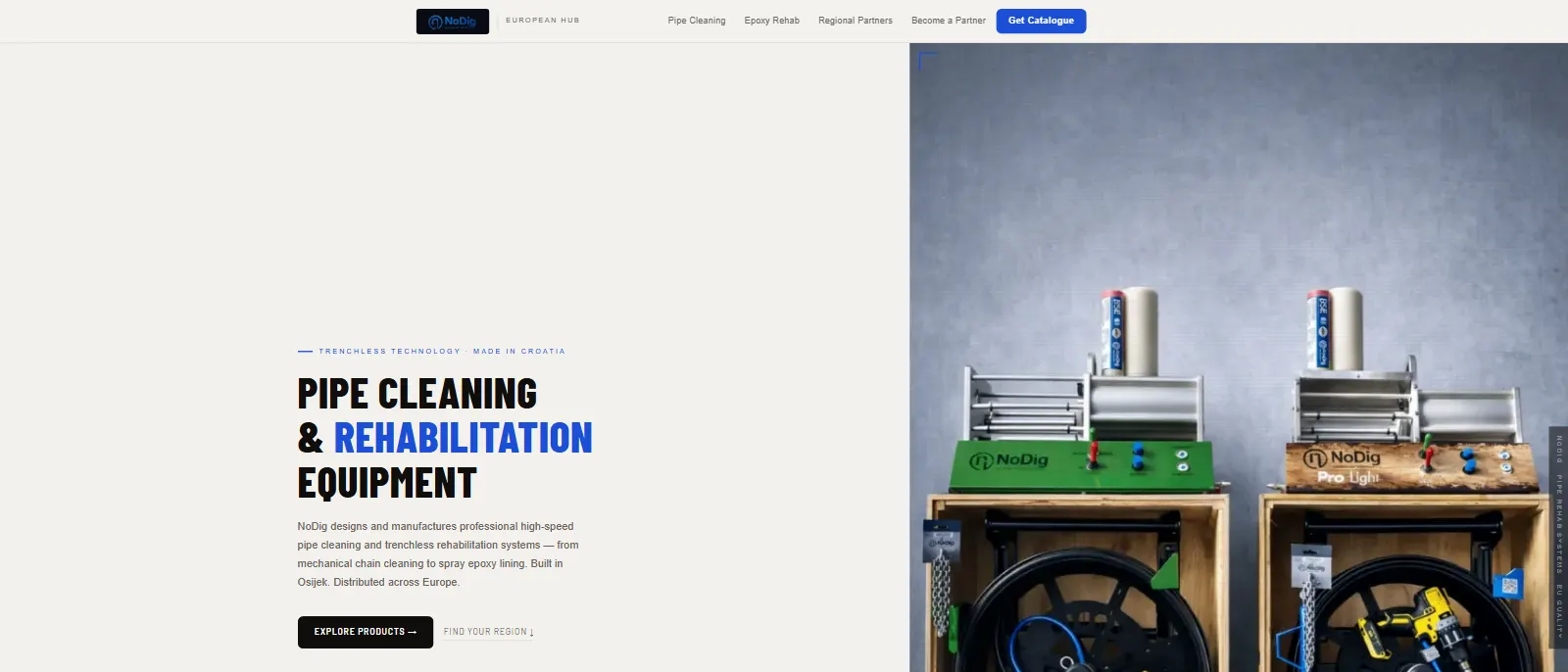 The NoDig European website home page, showing trenchless pipe-cleaning machines.