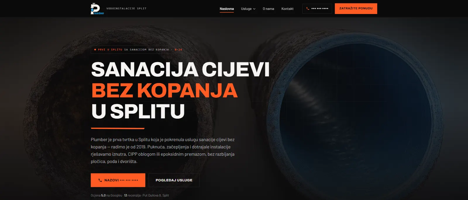 The Plumber.hr home page: a dark hero with a cutaway pipe and the headline "Trenchless pipe rehabilitation in Split".
